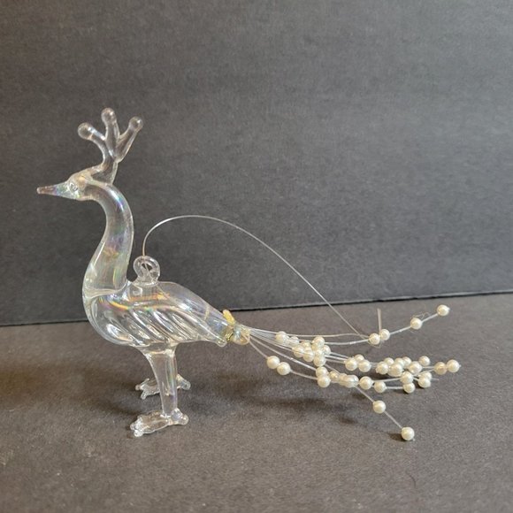 Handcrafted Iridescent Glass Peacock Ornament With Pearl Tail Details Elegant Ho - Picture 1 of 9